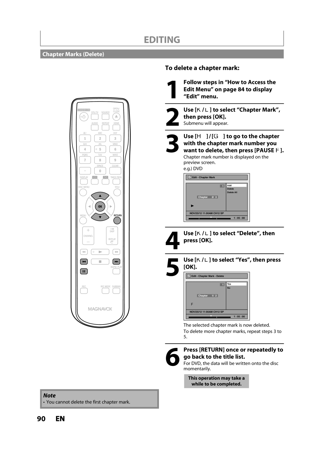 Magnavox MDR533H owner manual Chapter Marks Delete, Edit Menu on page 84 to display, Use H / G to go to the chapter 