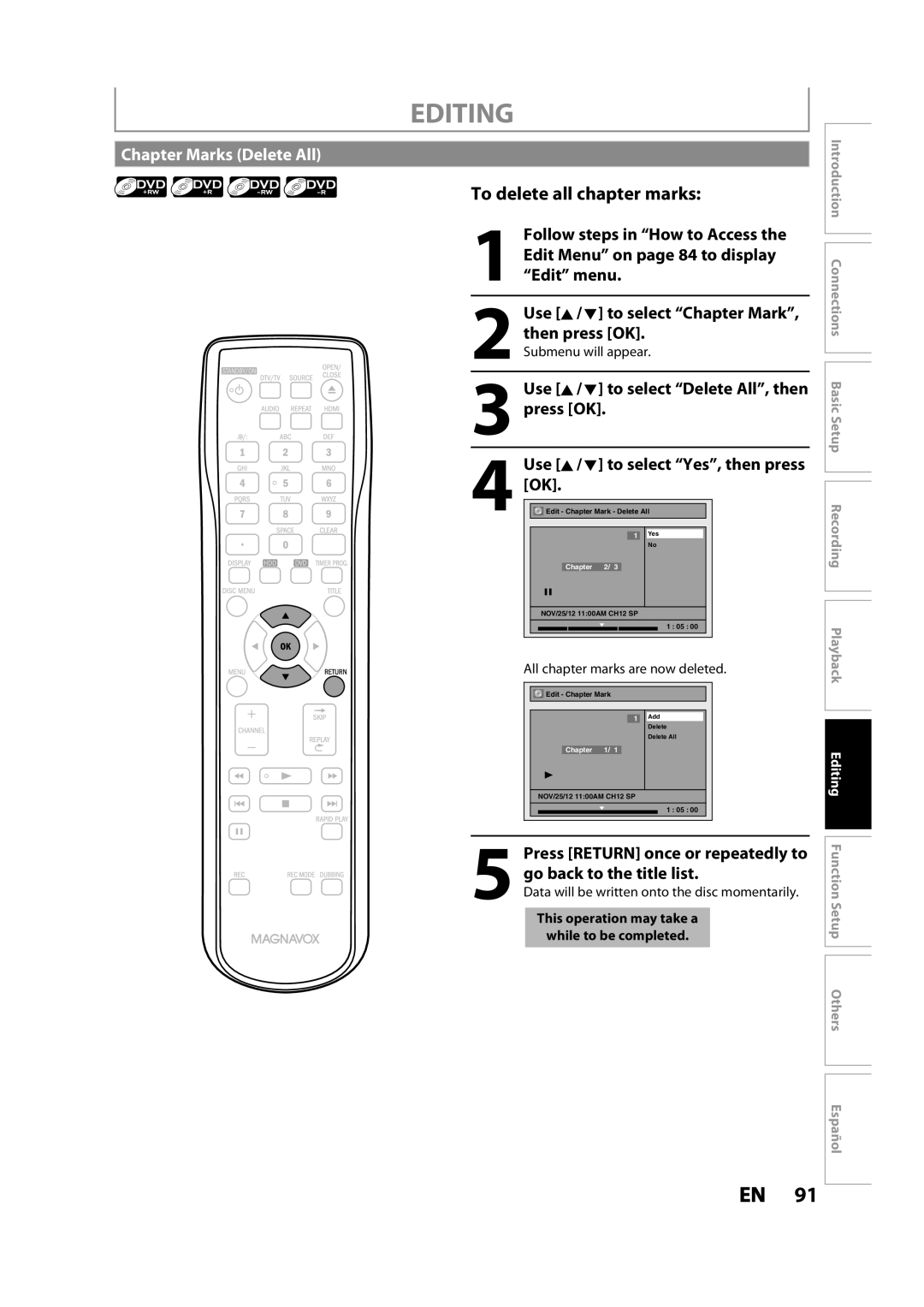 Magnavox MDR533H Chapter Marks Delete All, Use K / L to select Delete All, then, Press Return once or repeatedly to 