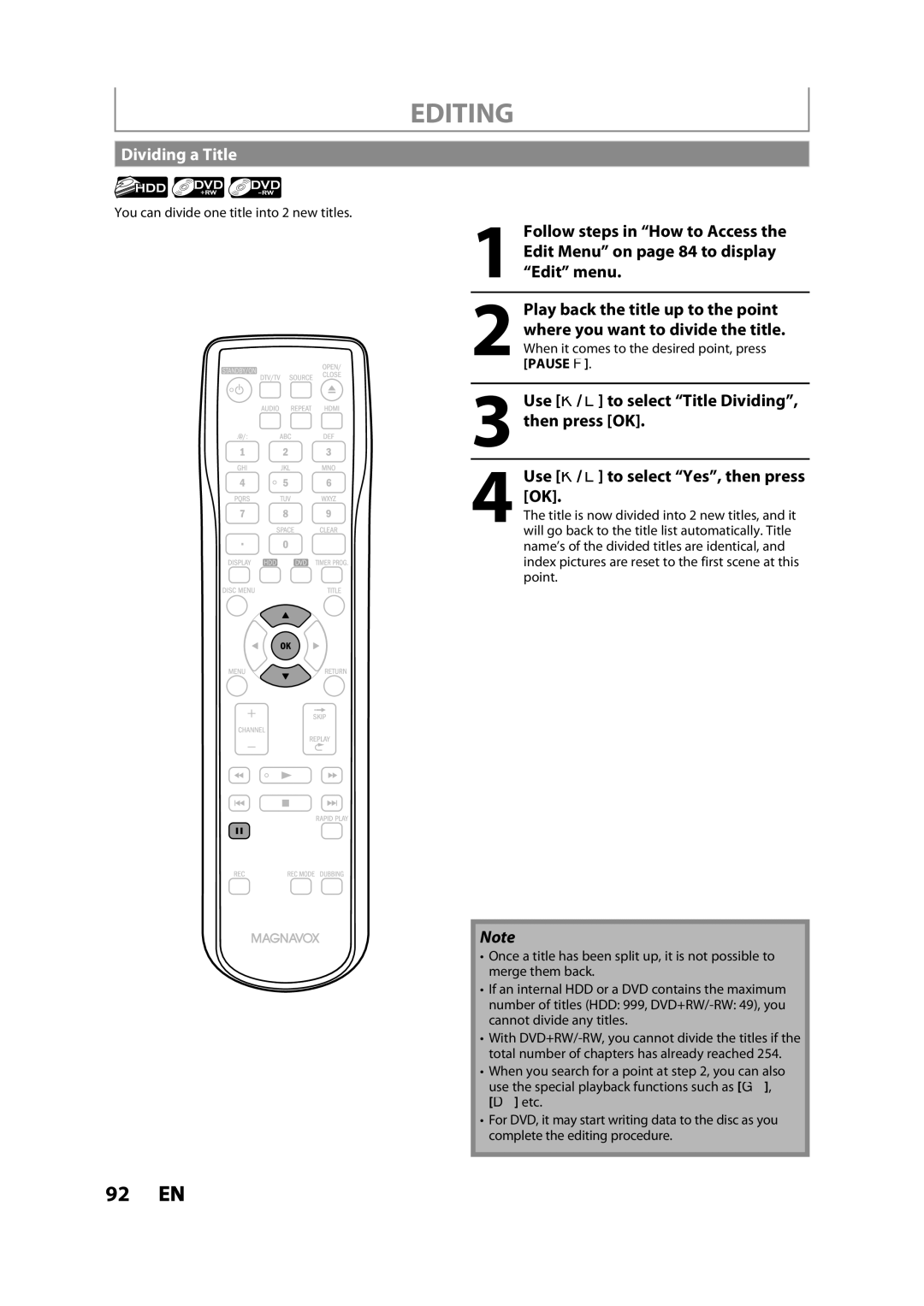 Magnavox MDR533H owner manual Dividing a Title, Play back the title up to the point, Where you want to divide the title 