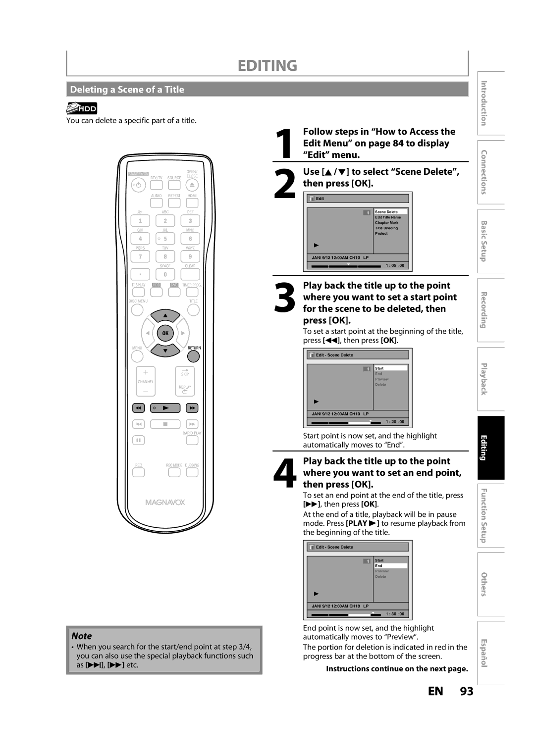 Magnavox MDR533H owner manual Deleting a Scene of a Title, You can delete a specific part of a title 