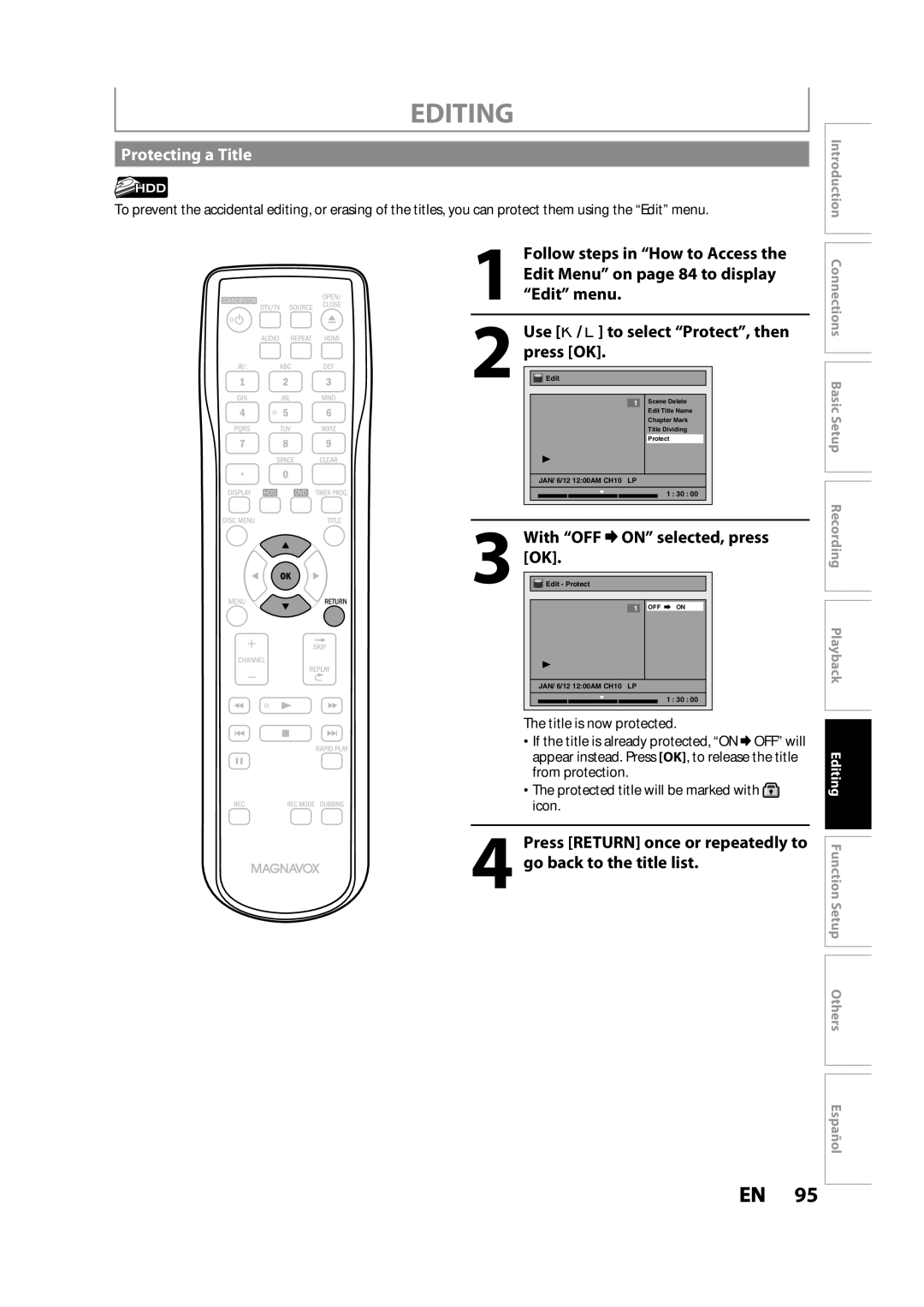 Magnavox MDR533H owner manual Protecting a Title, With OFF On selected, press, Press 