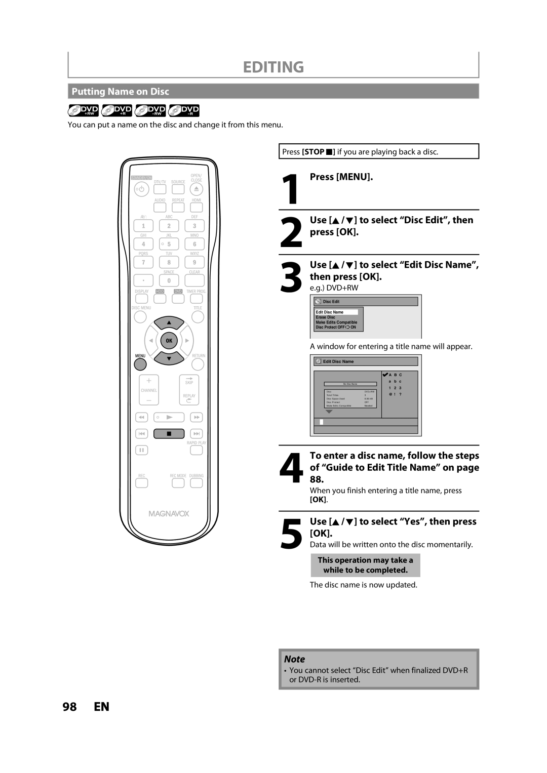 Magnavox MDR533H owner manual Putting Name on Disc, Use K / L to select Edit Disc Name, Then press OK, Press OK 