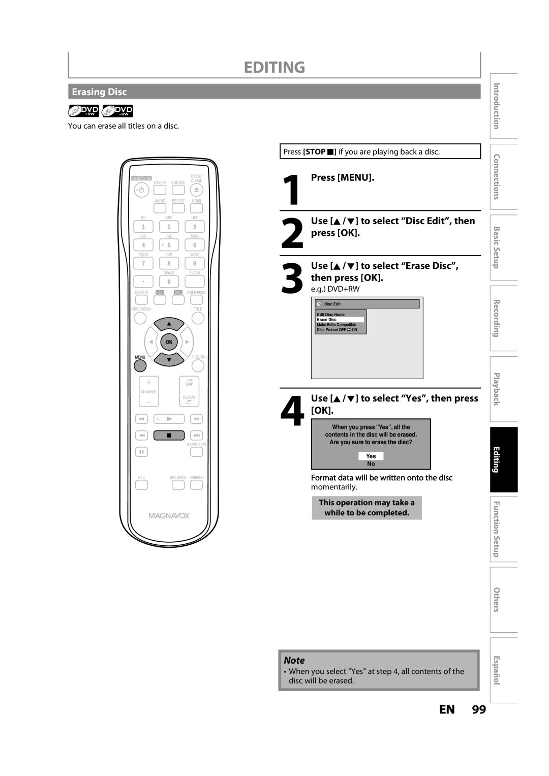 Magnavox MDR533H owner manual Erasing Disc, Use K / L to select Erase Disc, You can erase all titles on a disc, Momentarily 