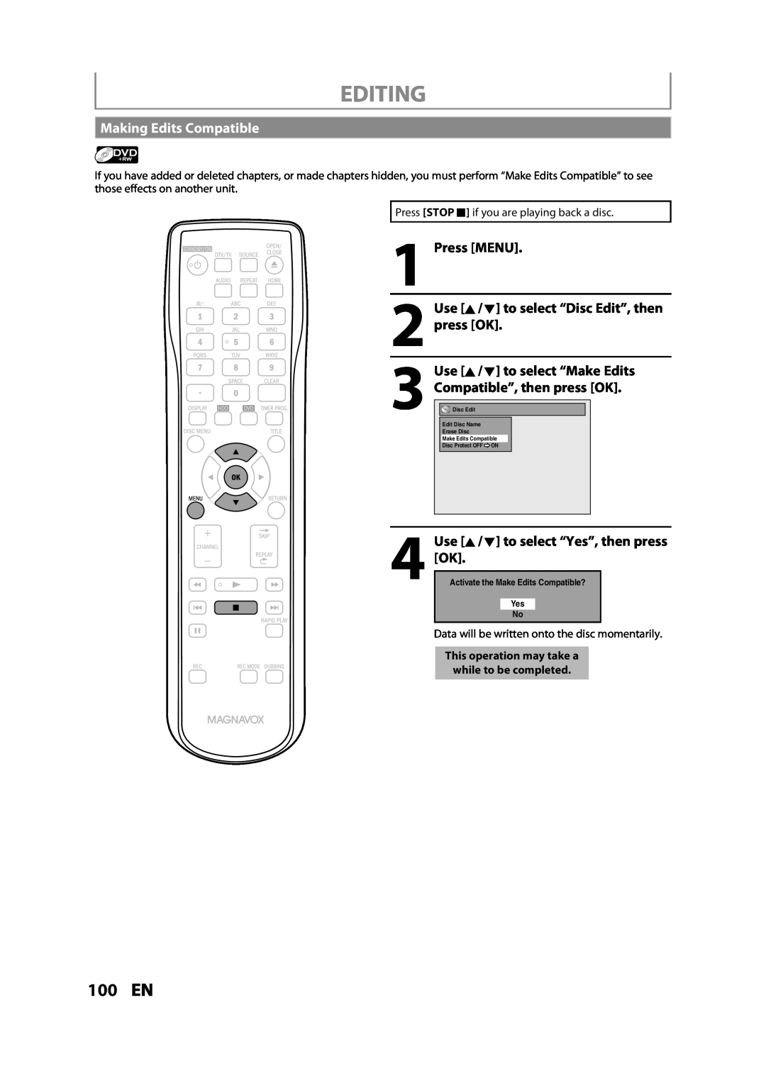 Magnavox MDR533H 100 EN, Making Edits Compatible, Use K / L to select “Make Edits, ble”, then press OK, Editing 