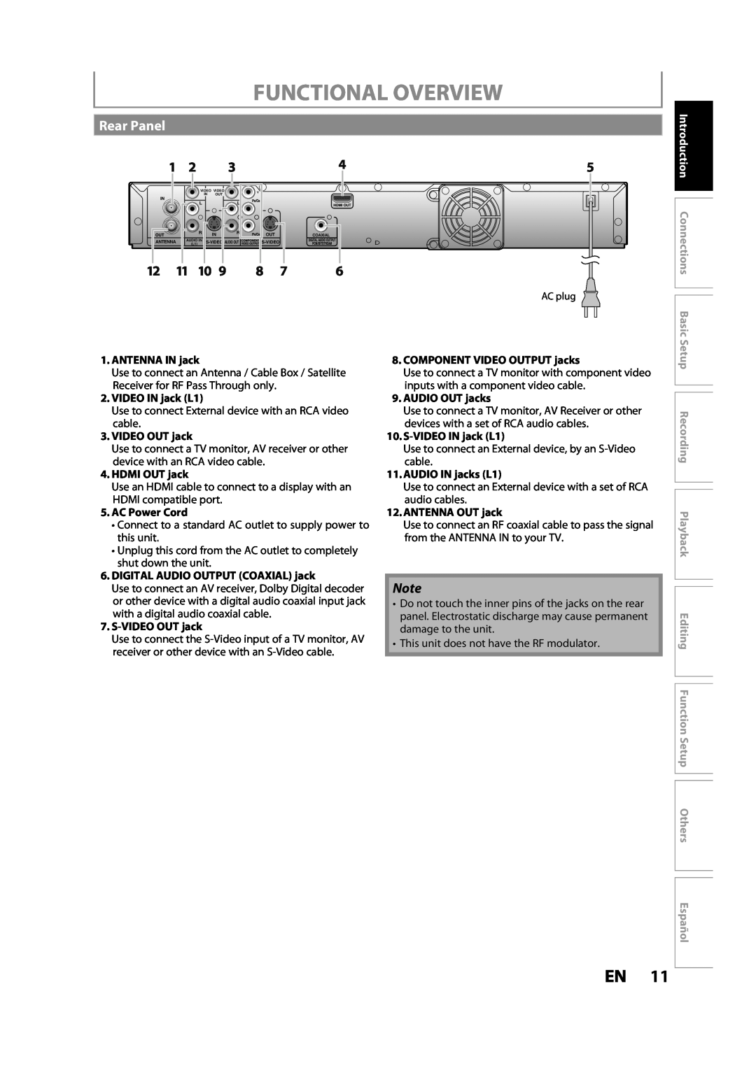 Magnavox MDR533H Functional Overview, Rear Panel, Introduction Connections Basic Setup, ANTENNA IN jack, VIDEO IN jack L1 
