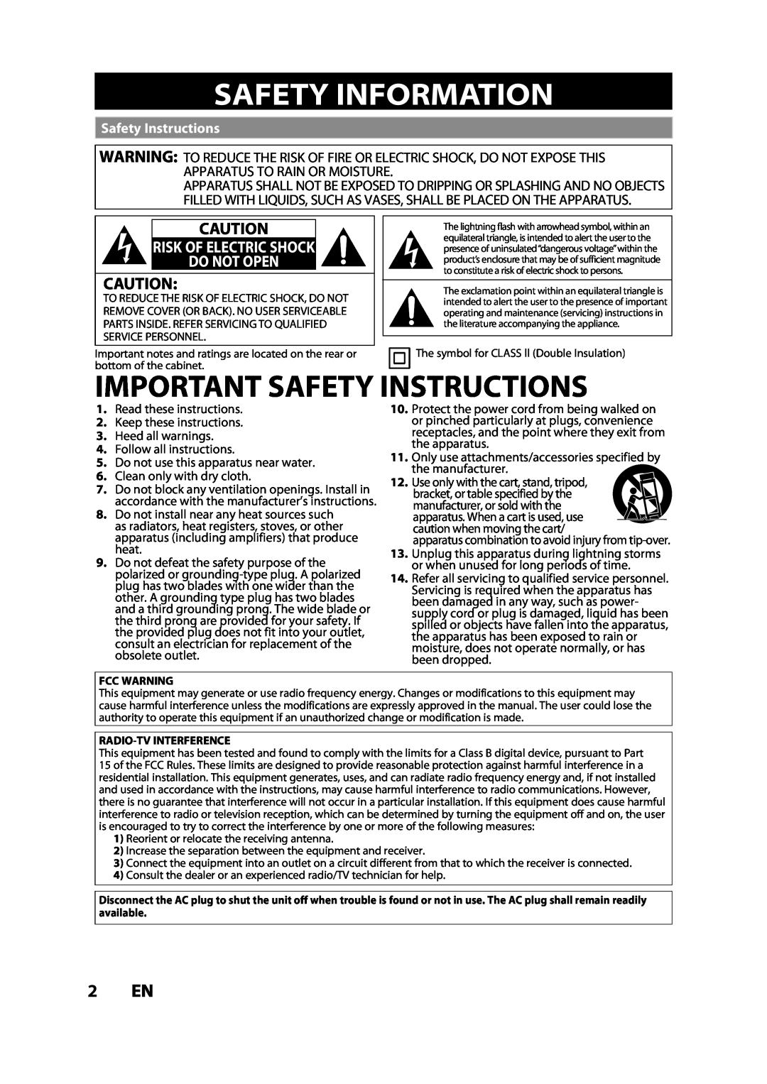 Magnavox MDR533H Safety Information, 2 EN, Important Safety Instructions, Risk Of Electric Shock Do Not Open 