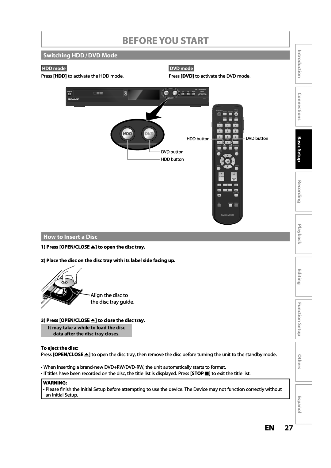 Magnavox MDR533H Switching HDD / DVD Mode, How to Insert a Disc, Before You Start, HDD mode, To eject the disc, Español 