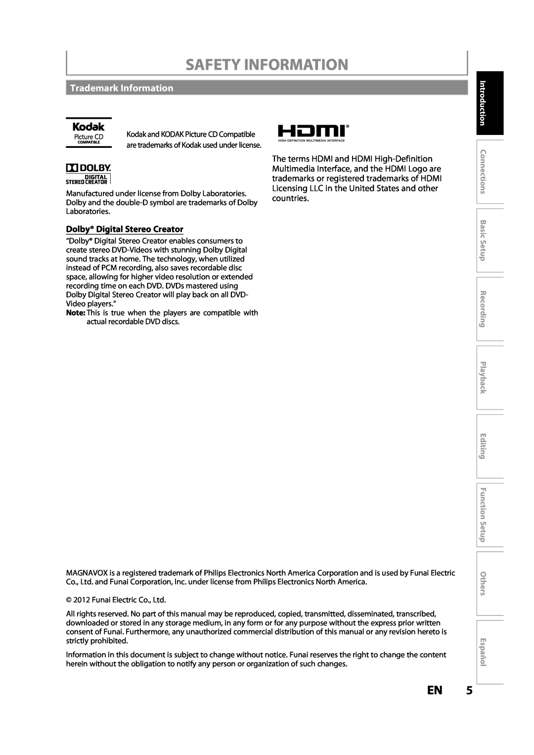 Magnavox MDR533H owner manual Trademark Information, Dolby Digital Stereo Creator, Safety Information, Español 