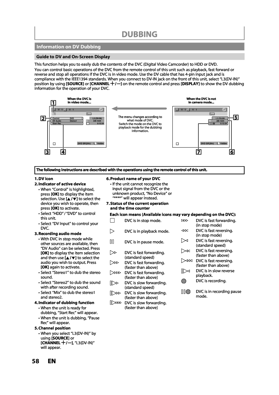 Magnavox MDR533H 58 EN, Information on DV Dubbing, Guide to DV and On-Screen Display, DV icon, Indicator of active device 