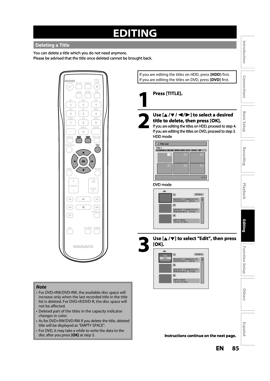 Magnavox MDR533H owner manual Editing, Deleting a Title, Press TITLE Use K / L / / B to select a desired, HDD mode, Español 