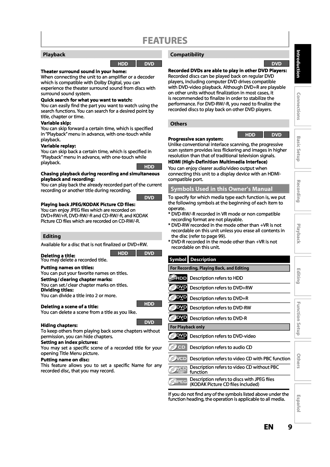 Magnavox MDR533H Features, Symbols Used in this Owner’s Manual, Playback, Editing, Compatibility, Others, Hdd Dvd, Español 