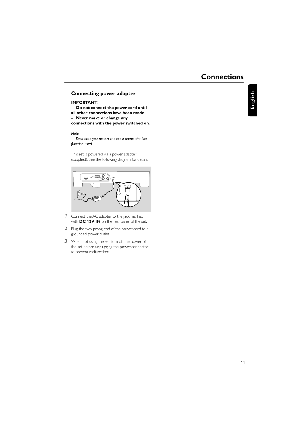 Magnavox MDR700 manual Connecting power adapter 