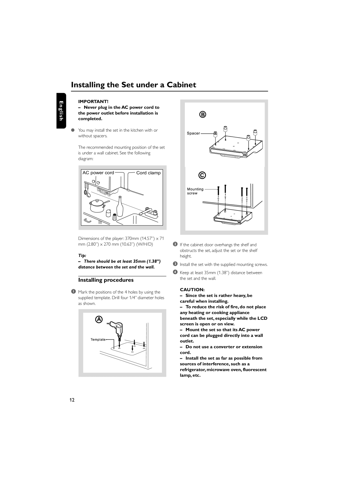 Magnavox MDR700 manual Installing the Set under a Cabinet, Installing procedures 