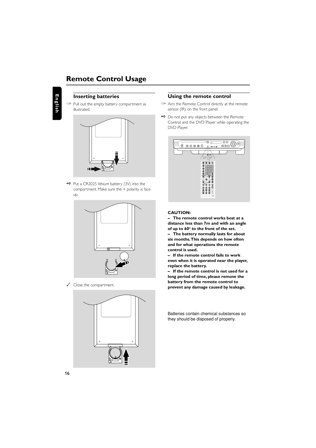 Magnavox MDR700 manual Remote Control Usage, Inserting batteries, Using the remote control 