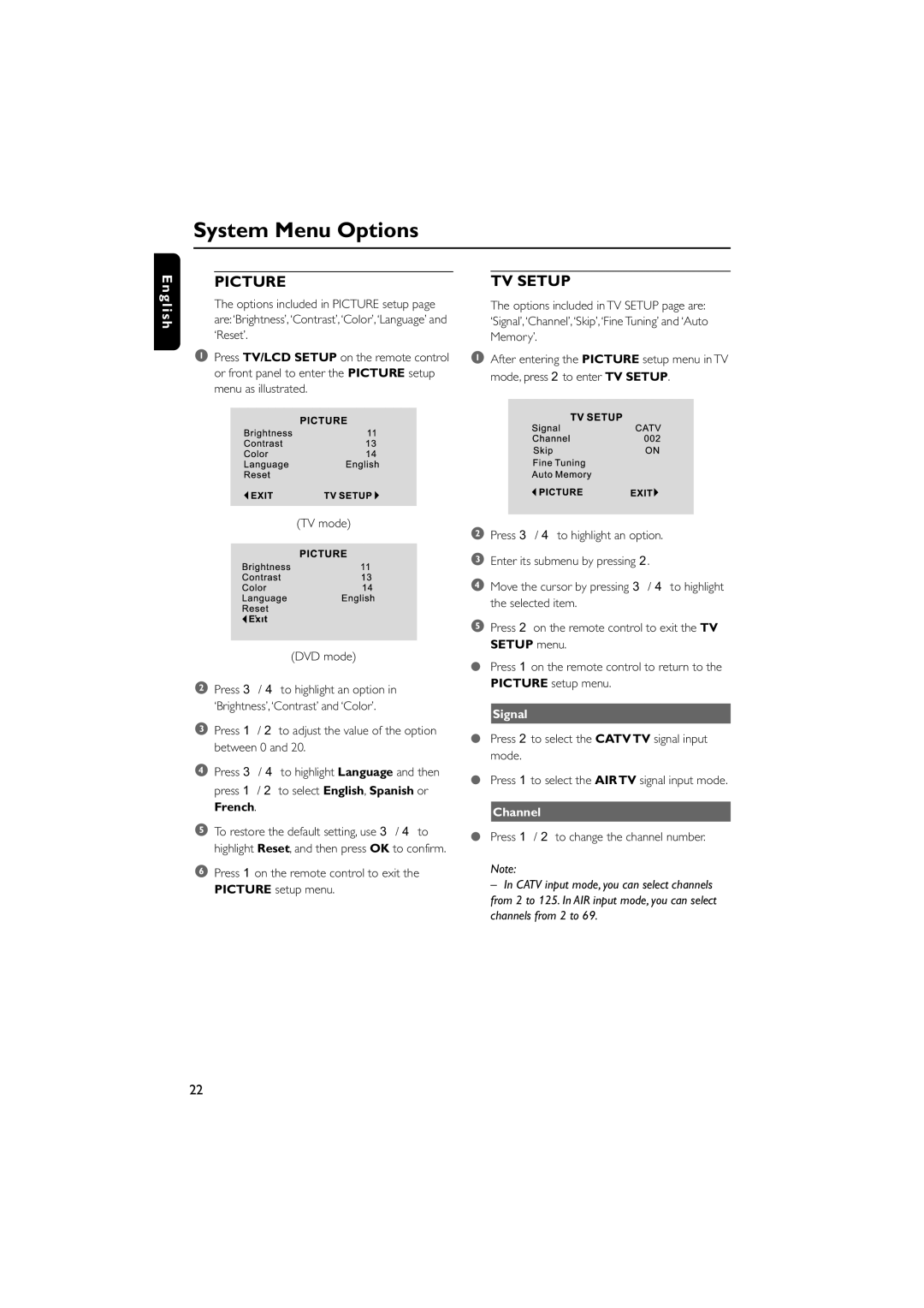 Magnavox MDR700 manual System Menu Options, Signal, Channel 