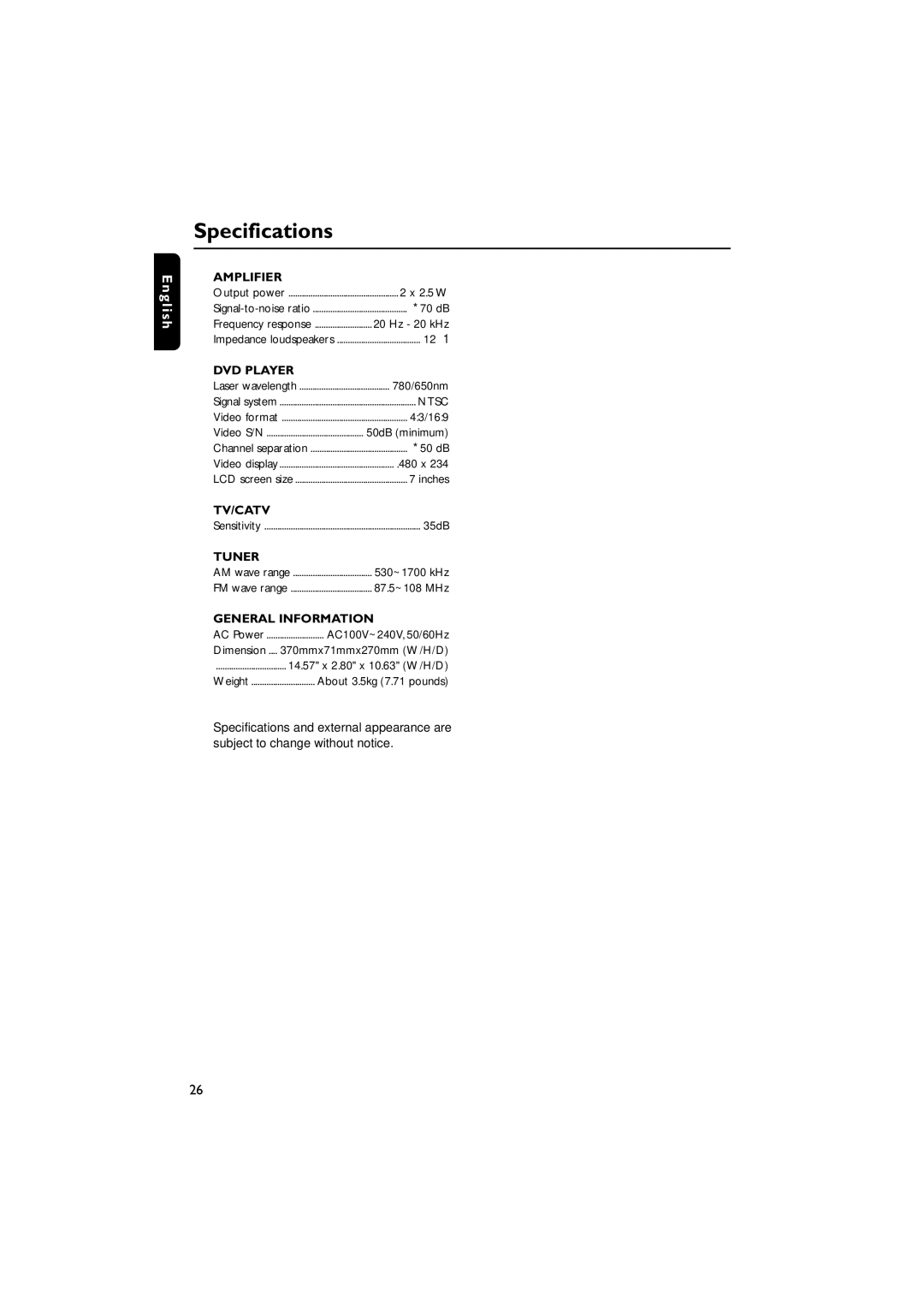 Magnavox MDR700 manual Specifications, Amplifier 