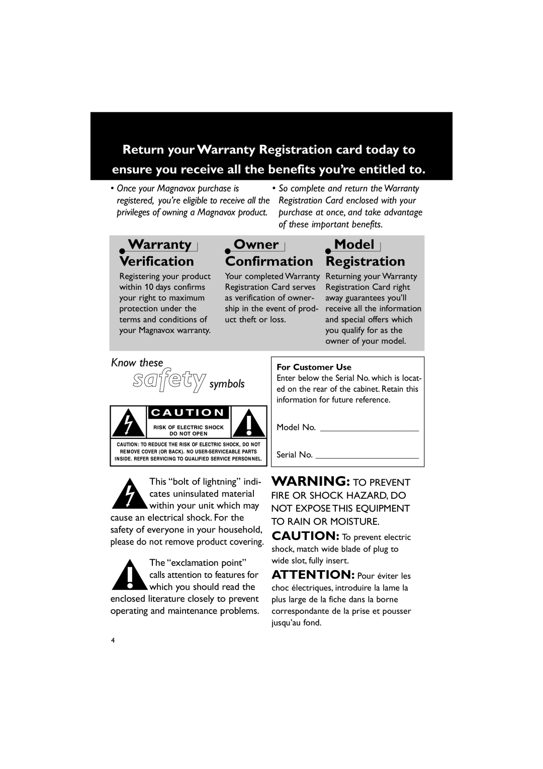 Magnavox MDR700 manual Warranty Verification Owner Model Confirmation Registration, For Customer Use 