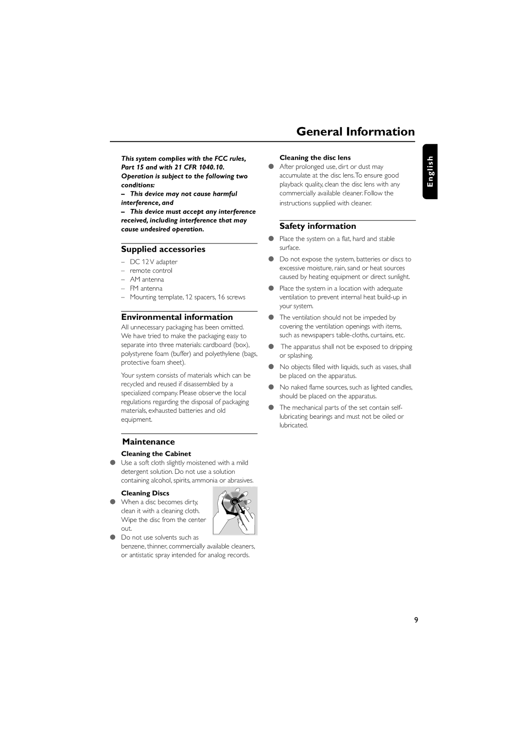 Magnavox MDR700 General Information, Supplied accessories, Environmental information, Safety information, Maintenance 