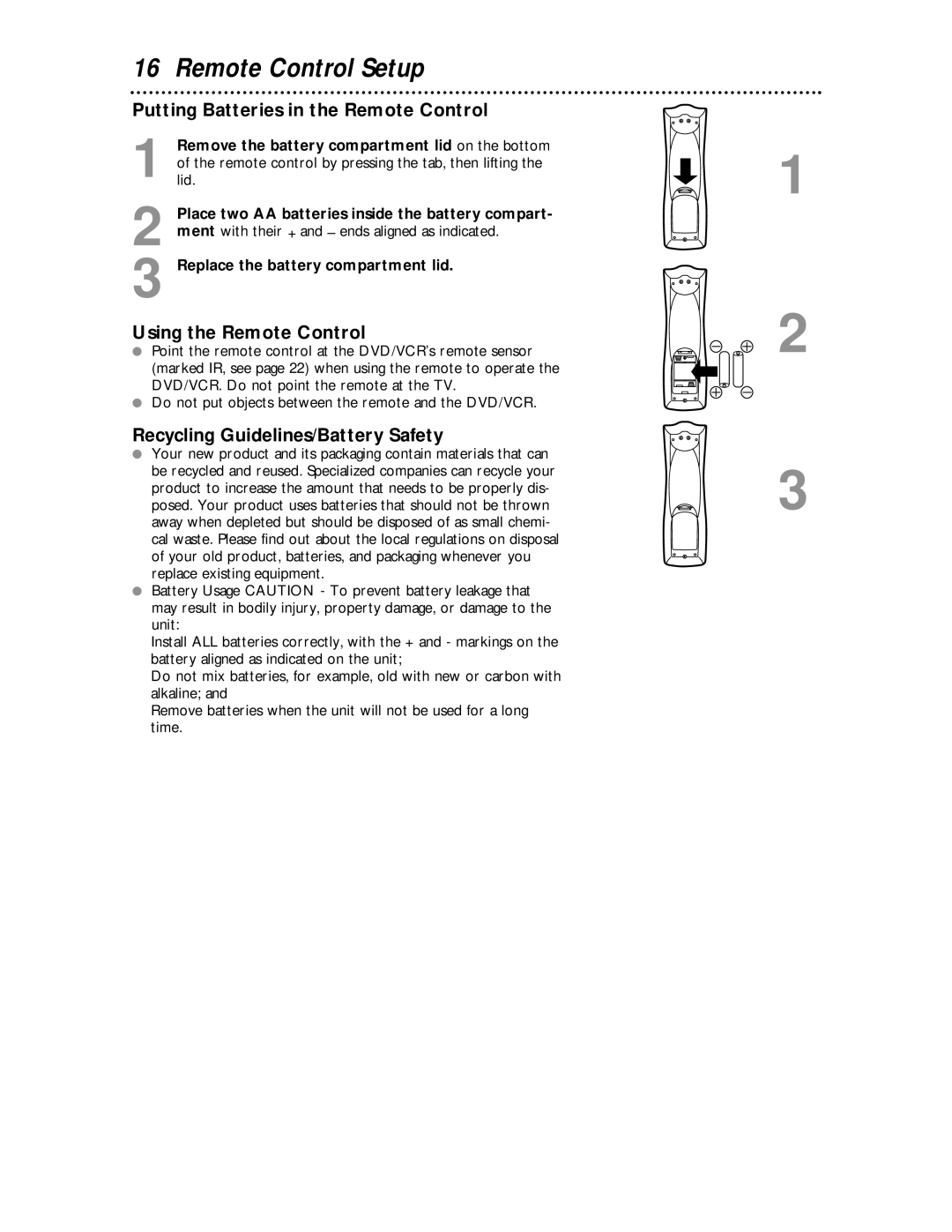 Magnavox MDV 530 VR owner manual Remote Control Setup, Putting Batteries in the Remote Control, Using the Remote Control 