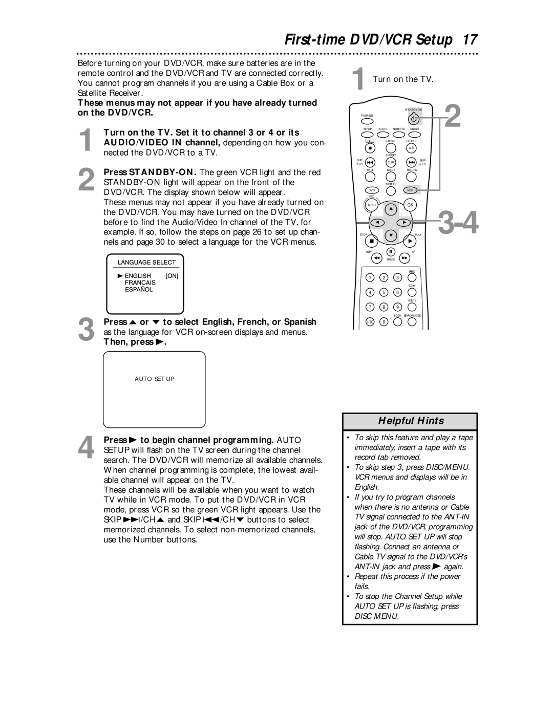 Magnavox MDV 530 VR owner manual First-time DVD/VCR Setup, Turn on the TV, Repeat this process if the power fails 