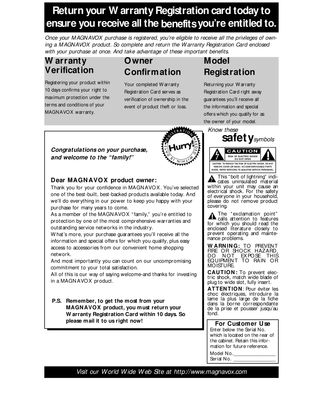 Magnavox MDV 530 VR owner manual Dear Magnavox product owner, For Customer Use, Model No Serial No 