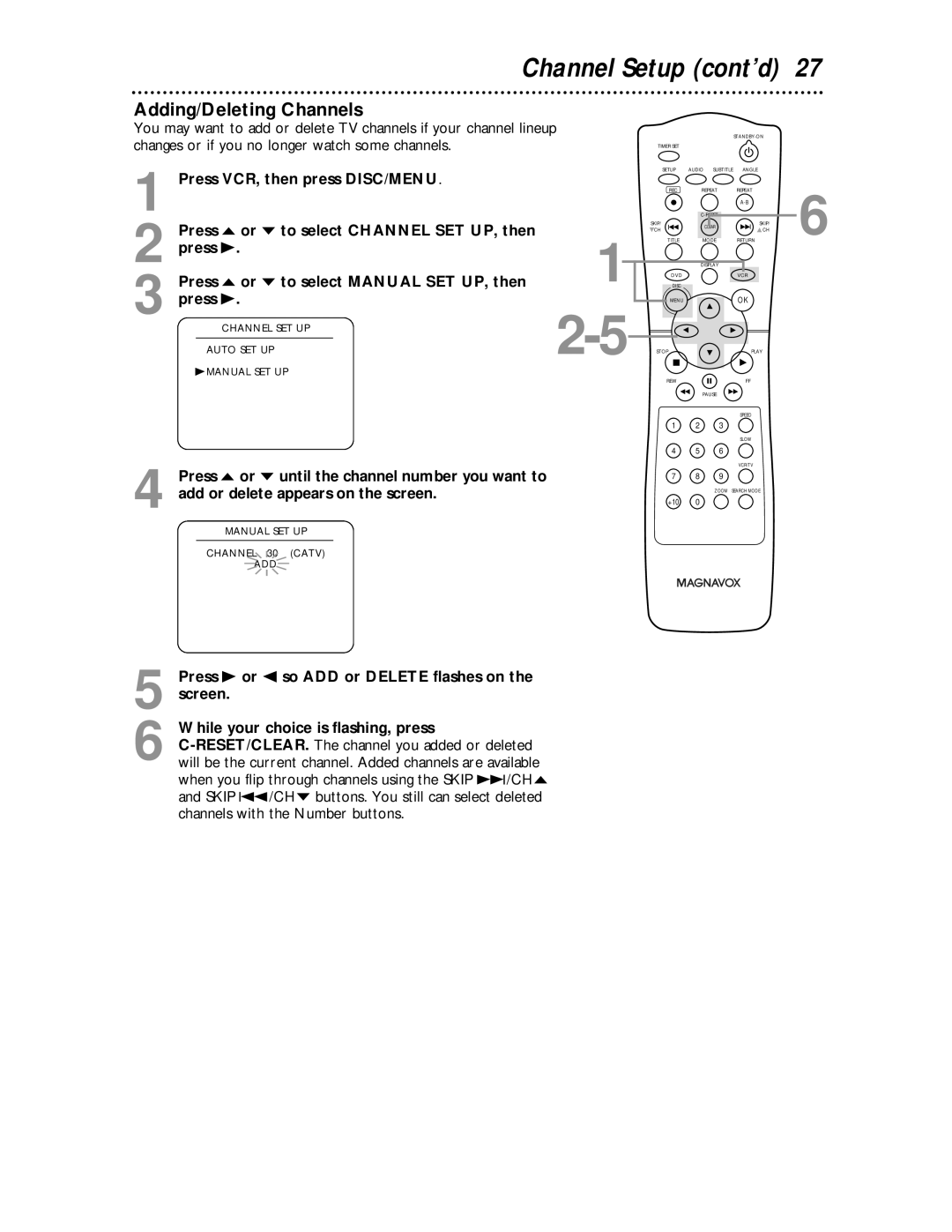 Magnavox MDV 530 VR owner manual Channel Setup cont’d, Adding/Deleting Channels 