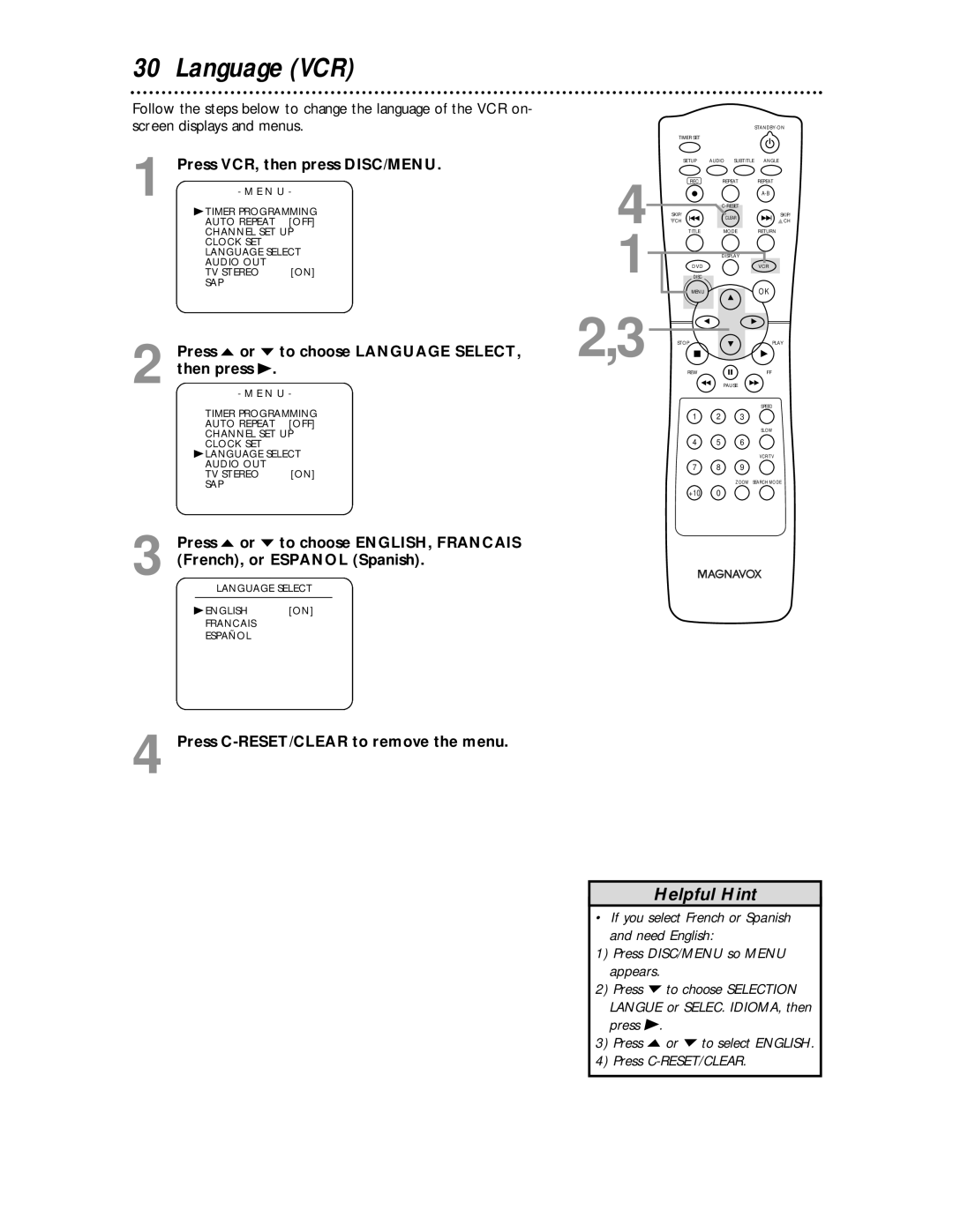 Magnavox MDV 530 VR owner manual Language VCR, Press o or p to choose Language SELECT, then press B 