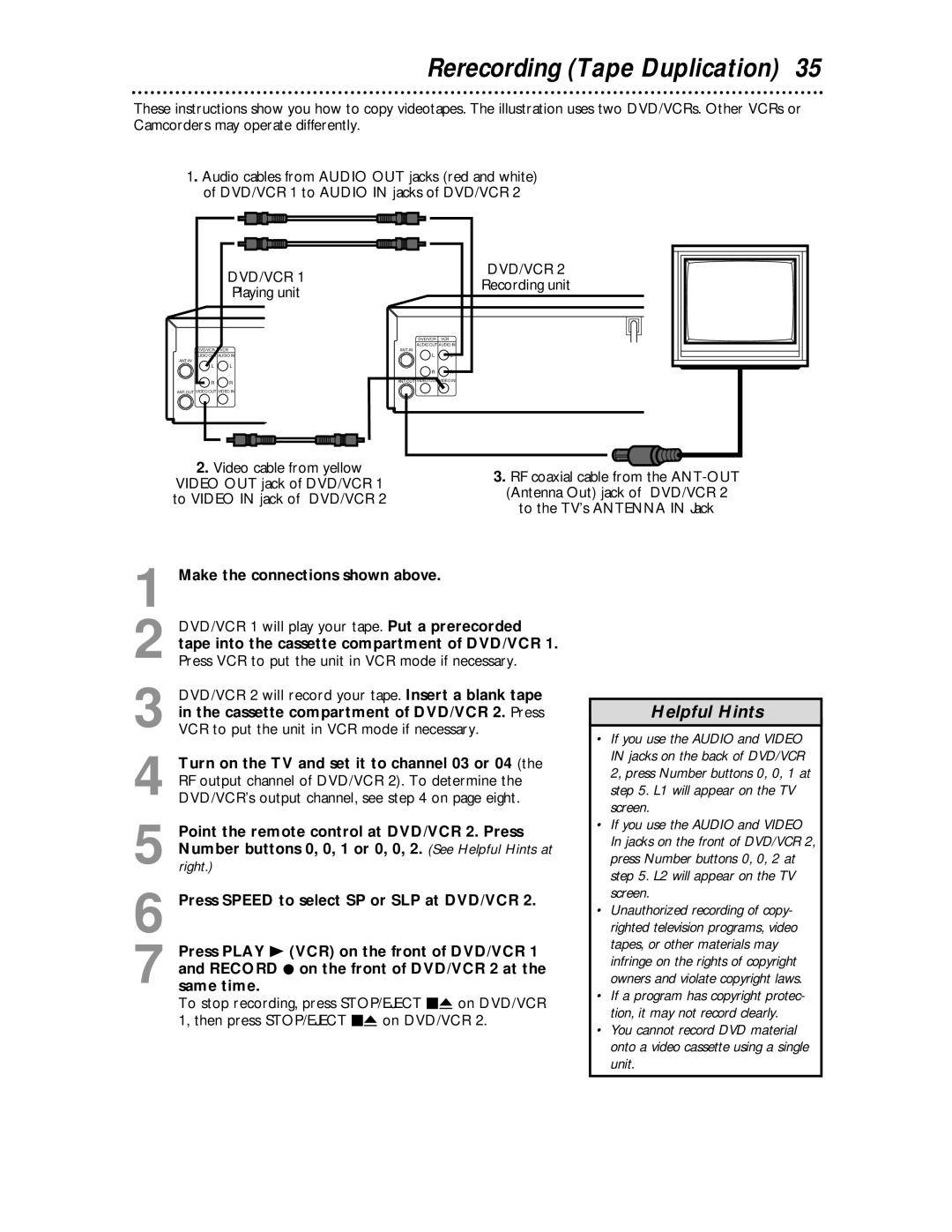 Magnavox MDV 530 VR owner manual Rerecording Tape Duplication, Playing unit, To the TV’s Antenna in Jack 