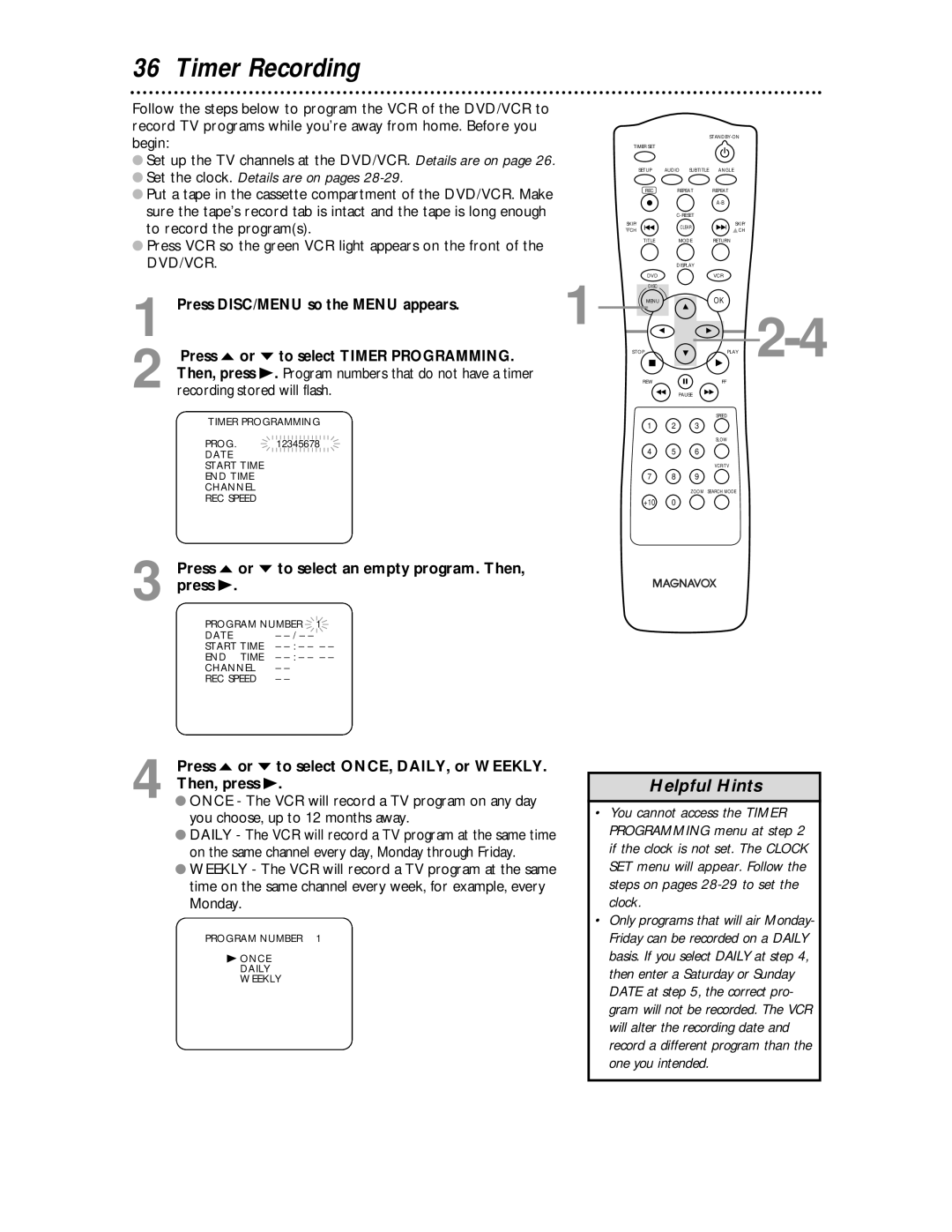 Magnavox MDV 530 VR owner manual Timer Recording 