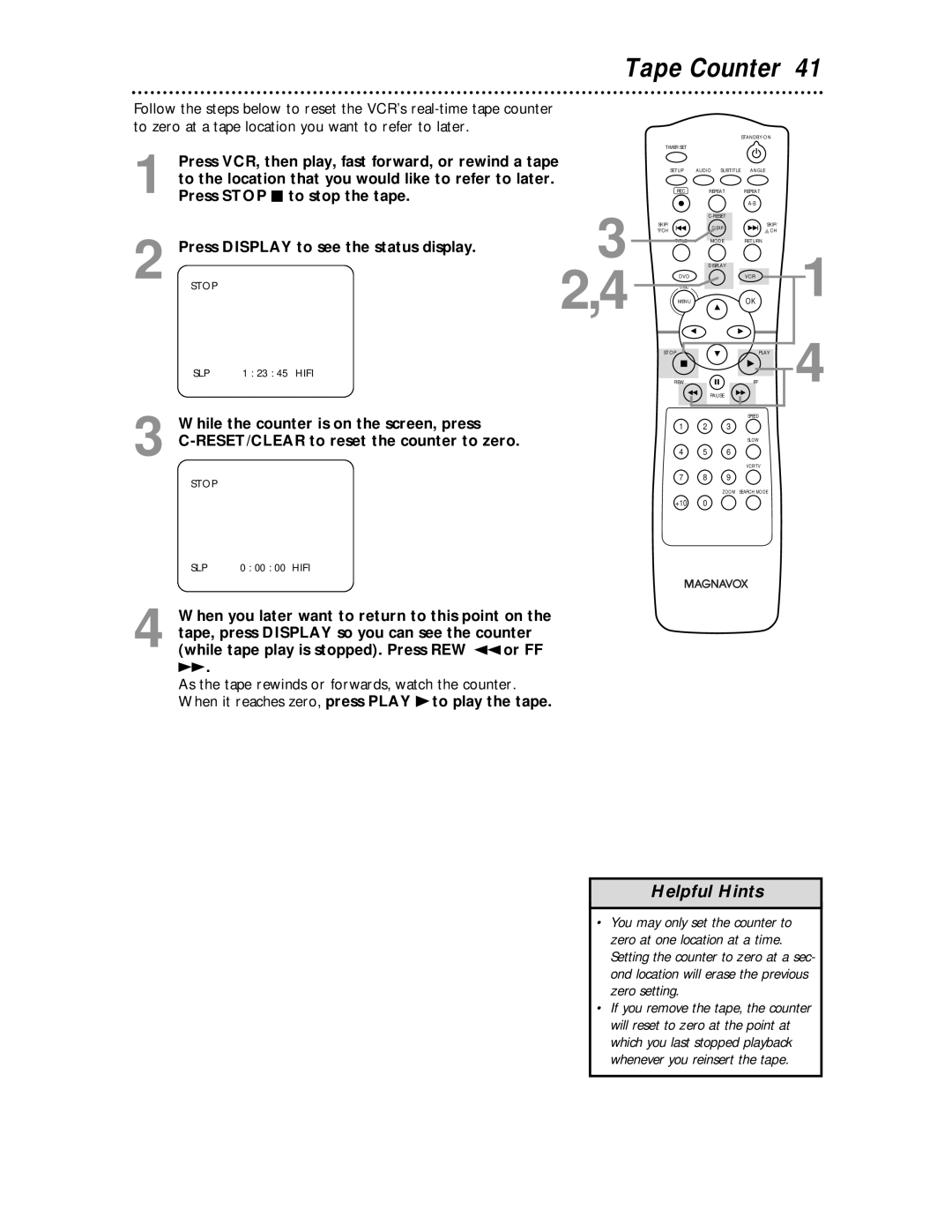 Magnavox MDV 530 VR owner manual Tape Counter 