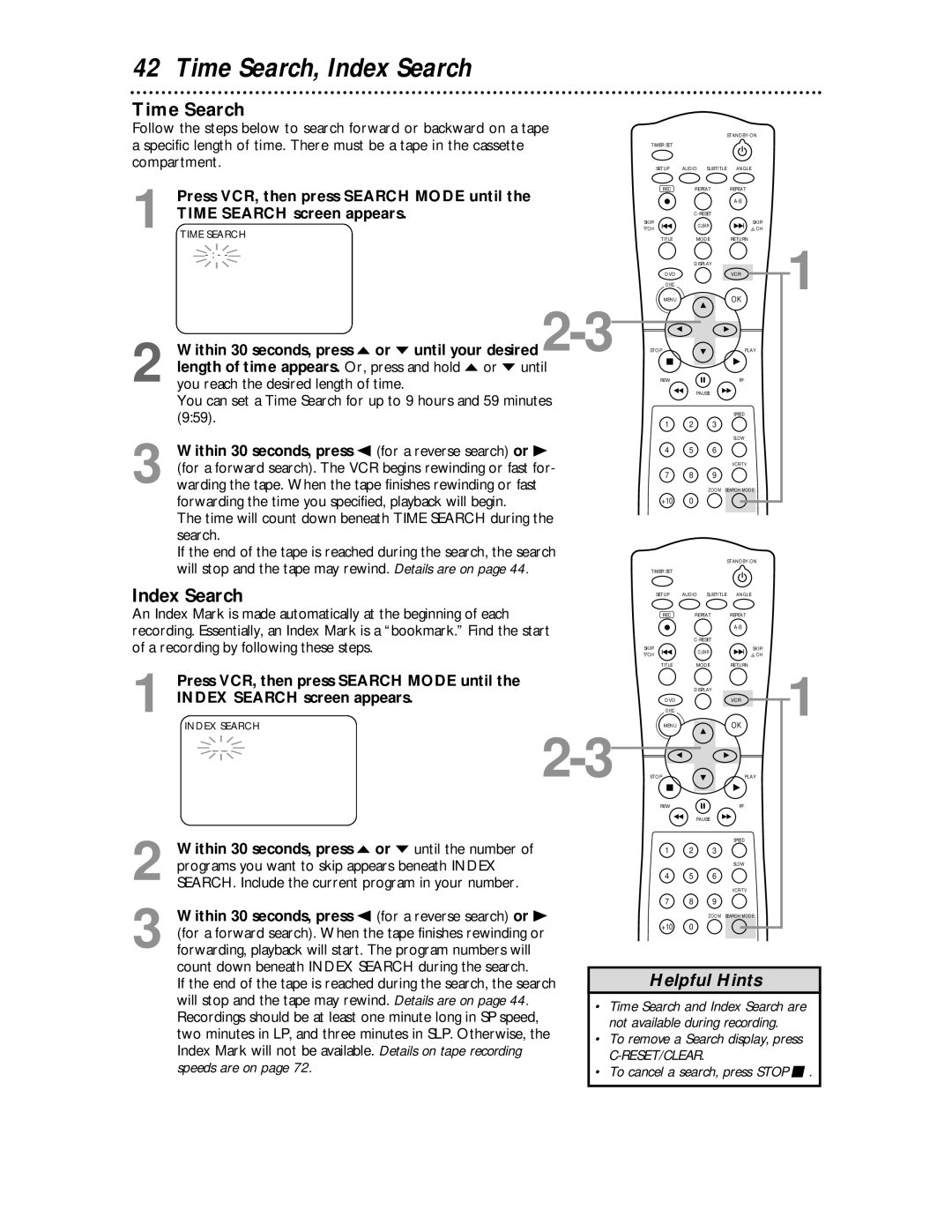 Magnavox MDV 530 VR owner manual Time Search, Index Search 