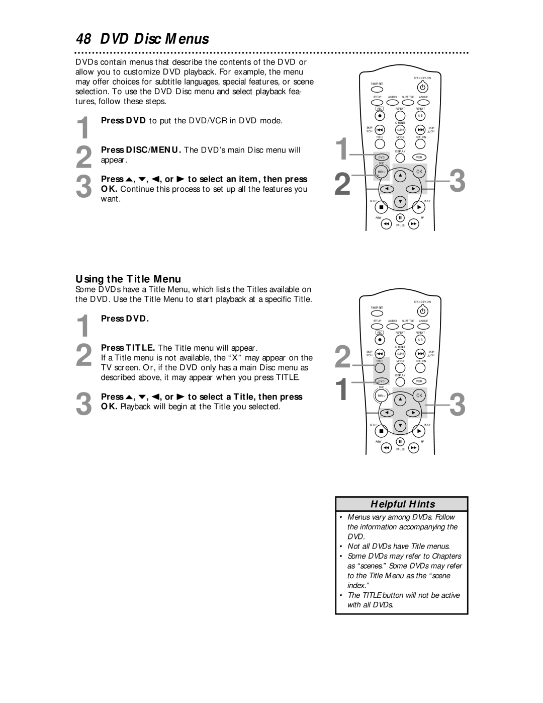 Magnavox MDV 530 VR owner manual DVD Disc Menus, Using the Title Menu, Press TITLE. The Title menu will appear 