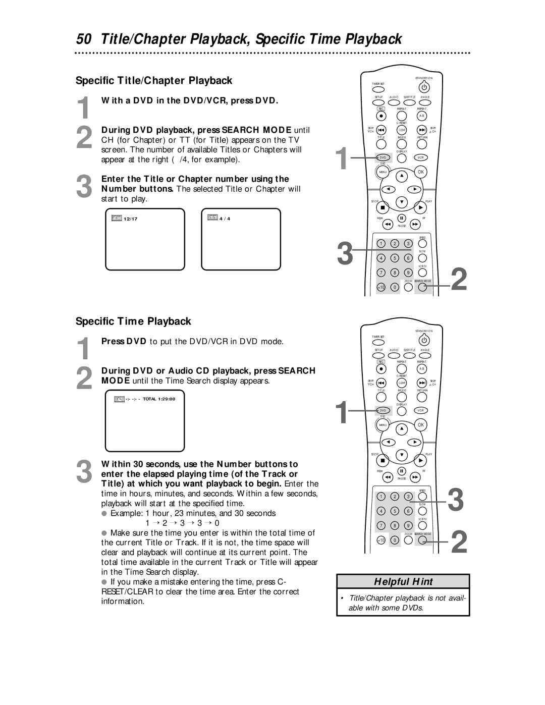 Magnavox MDV 530 VR owner manual Title/Chapter Playback, Specific Time Playback, Specific Title/Chapter Playback 