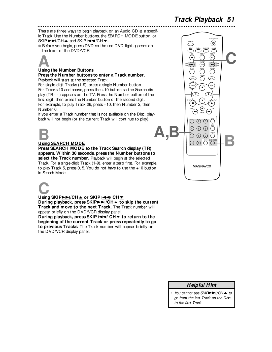 Magnavox MDV 530 VR owner manual Ba,B, Track Playback 