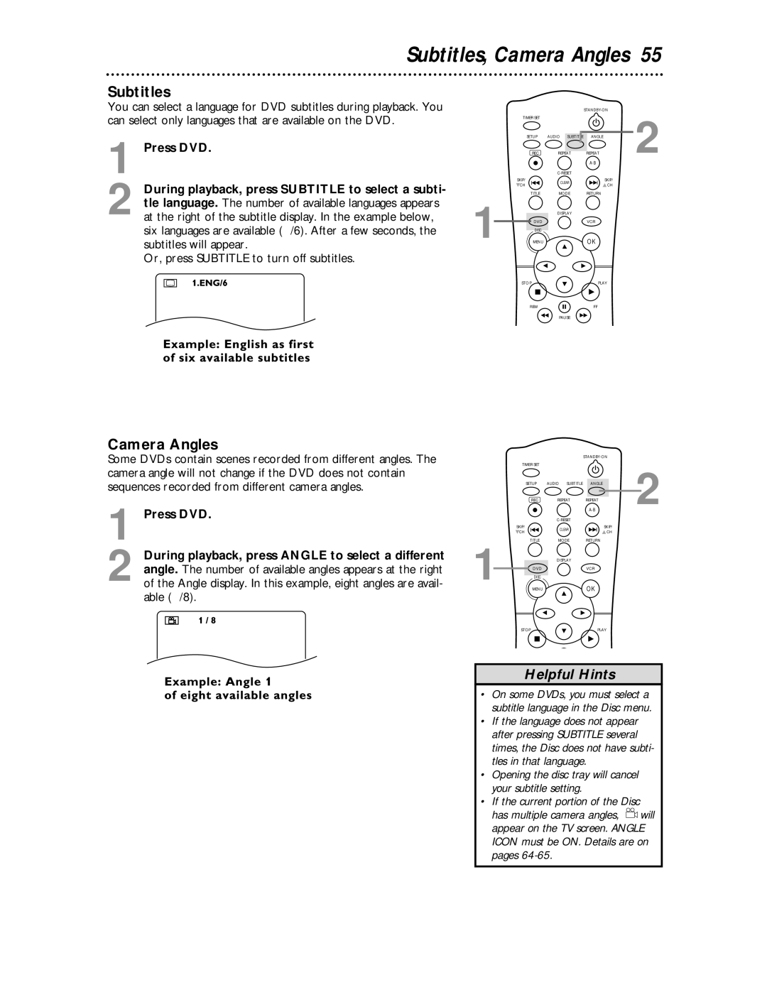 Magnavox MDV 530 VR owner manual Subtitles, Camera Angles, During playback, press Subtitle to select a subti 