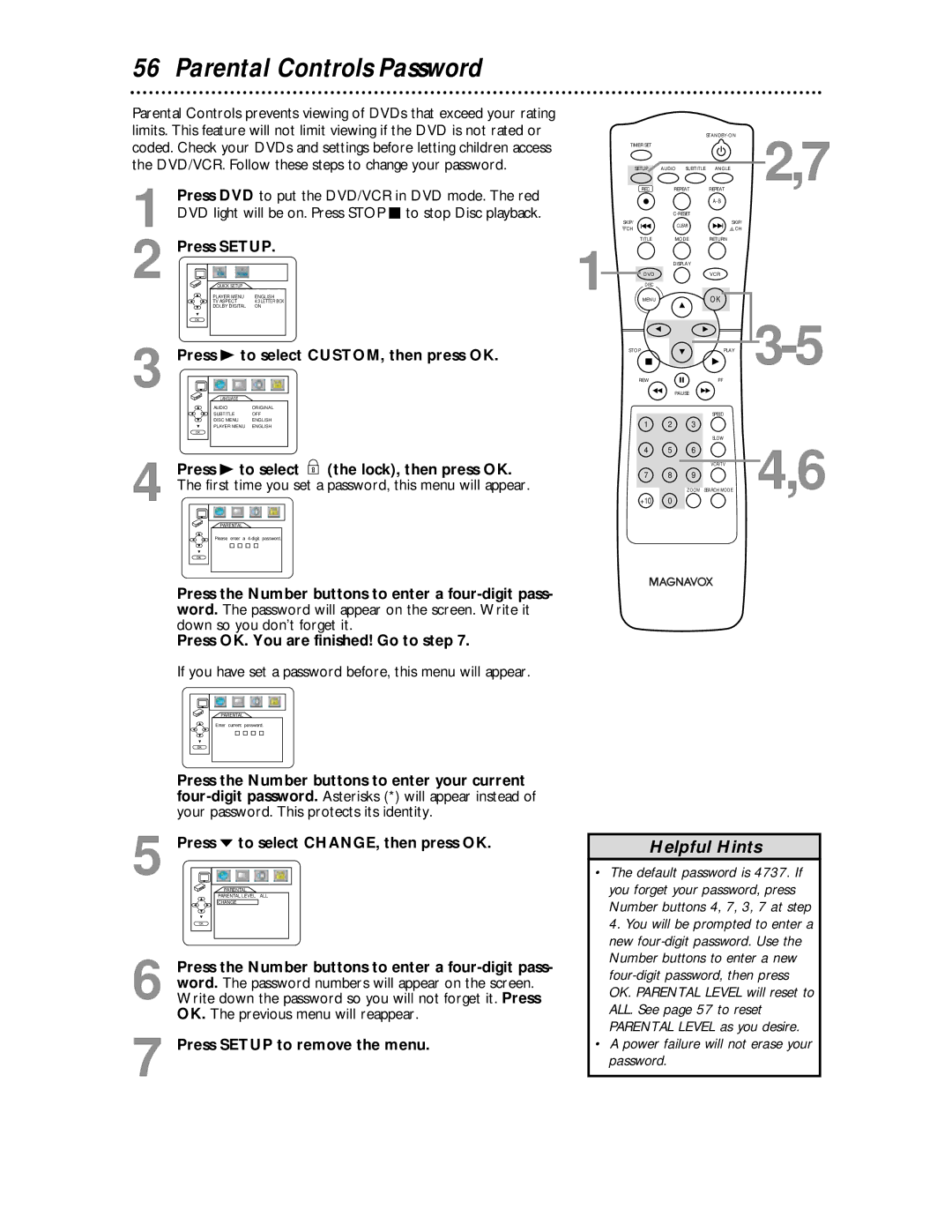 Magnavox MDV 530 VR owner manual Parental Controls Password, Press Setup, Press B to select CUSTOM, then press OK 