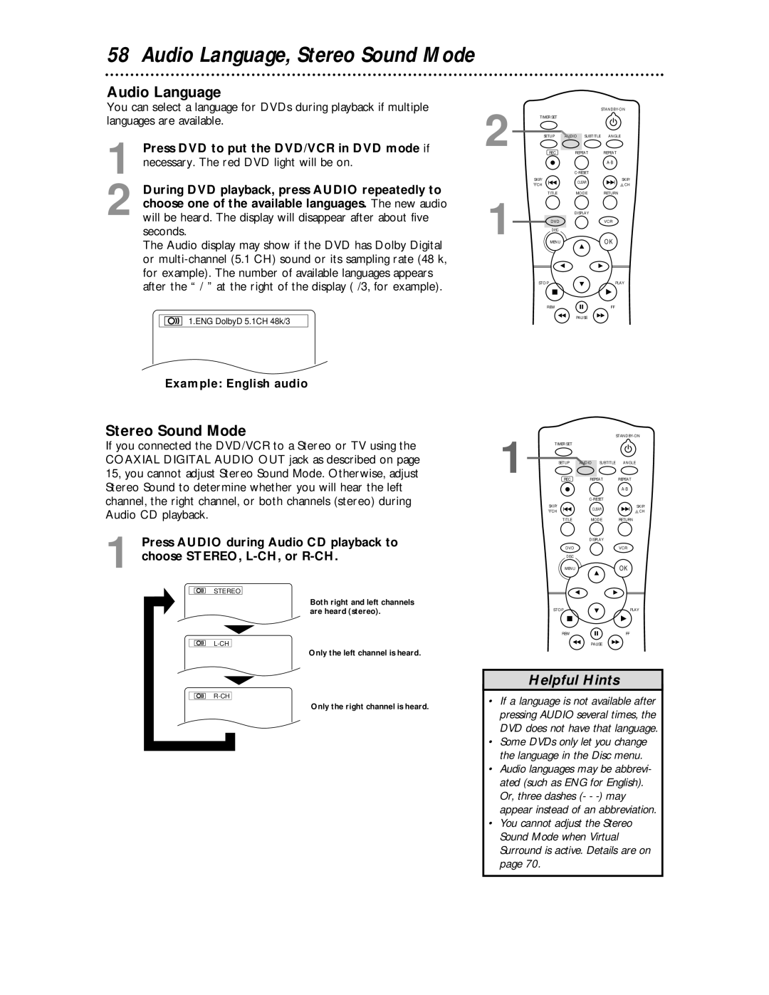 Magnavox MDV 530 VR owner manual Audio Language, Stereo Sound Mode, Example English audio 