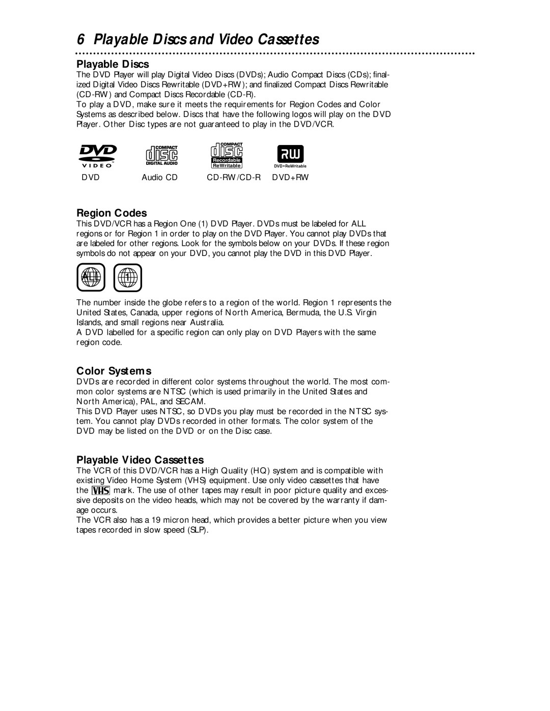 Magnavox MDV 530 VR owner manual Playable Discs and Video Cassettes, Region Codes, Color Systems, Playable Video Cassettes 