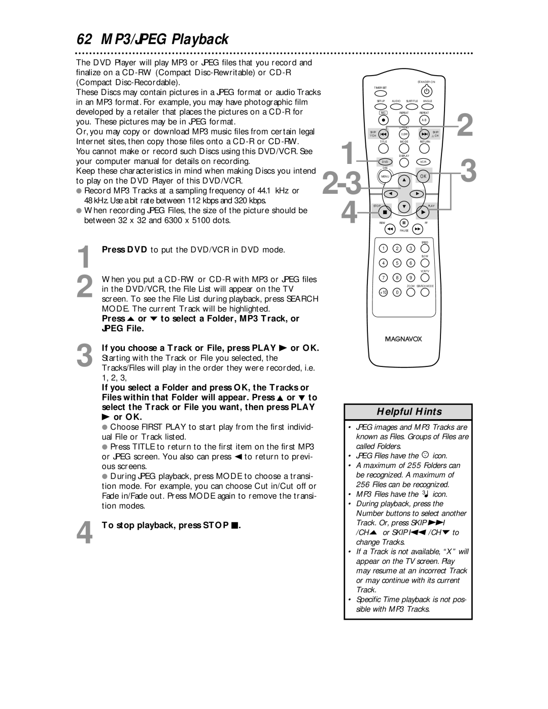 Magnavox MDV 530 VR owner manual 62 MP3/JPEG Playback, Or OK, To stop playback, press Stop C, Jpeg Files have the icon 