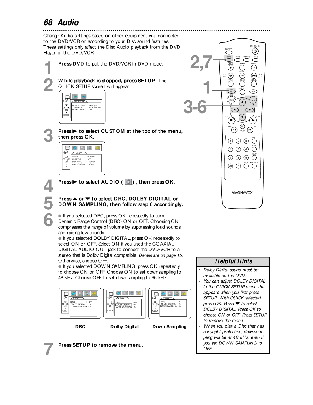 Magnavox MDV 530 VR owner manual Audio, While playback is stopped, press SETUP 