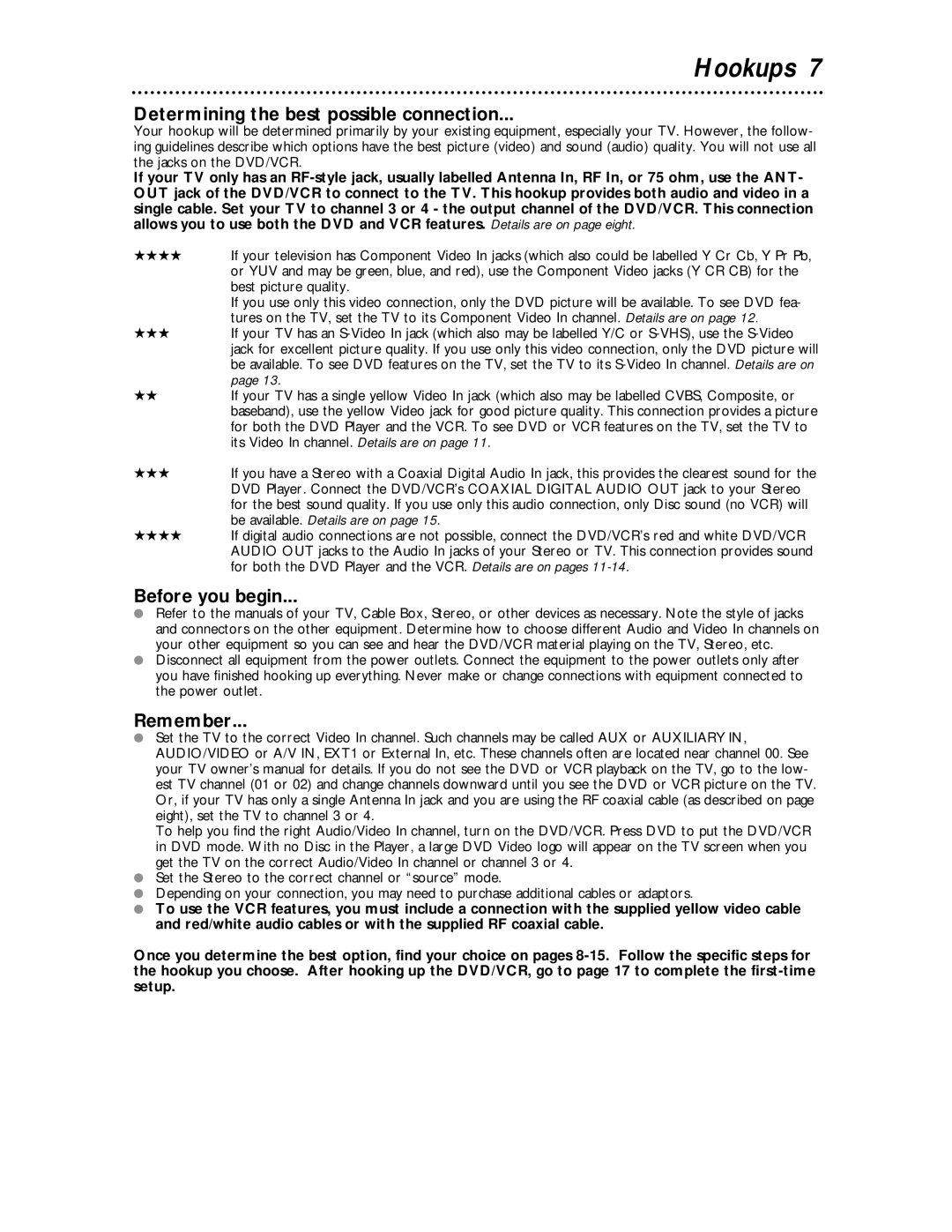 Magnavox MDV 530 VR owner manual Hookups, Determining the best possible connection, Before you begin, Remember 