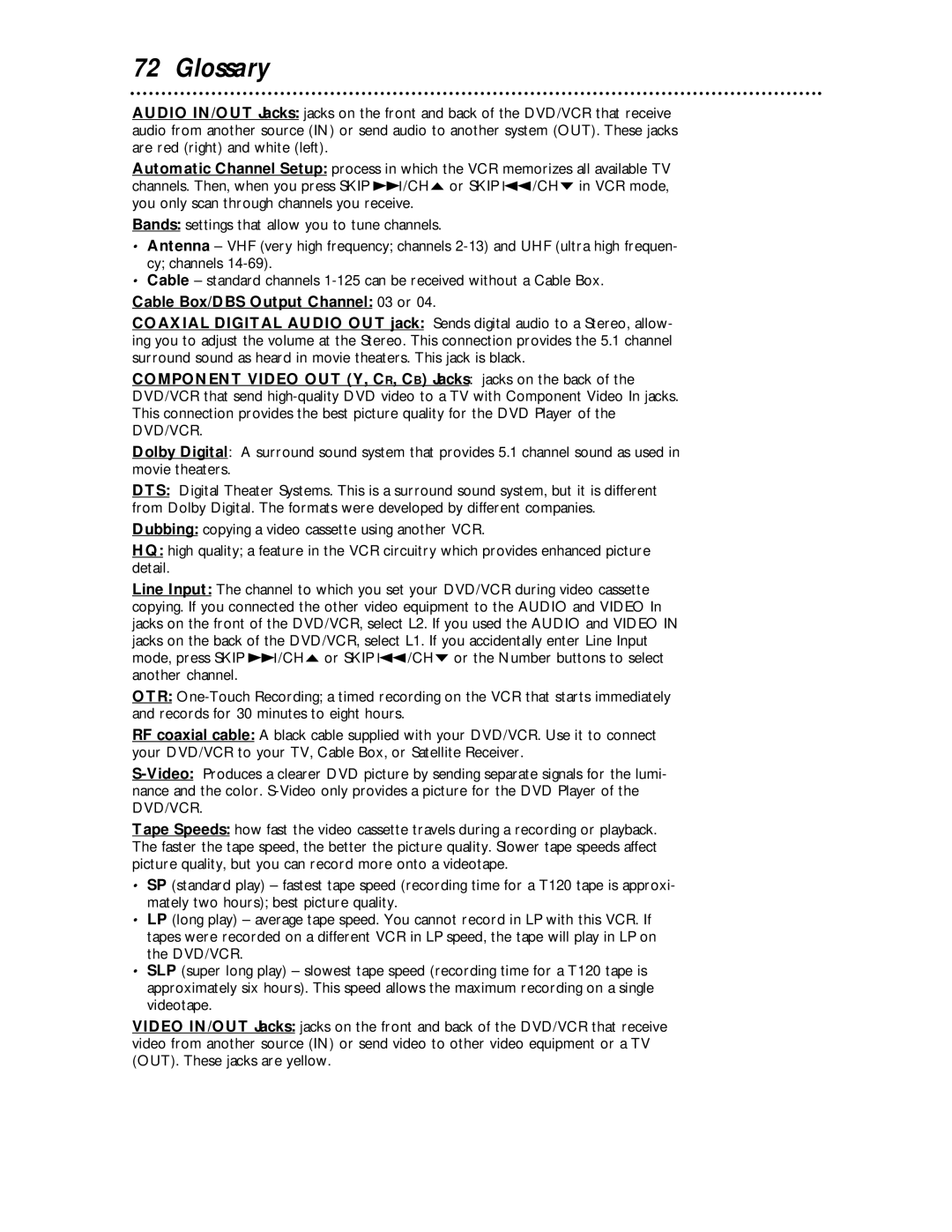 Magnavox MDV 530 VR owner manual Glossary, Cable Box/DBS Output Channel 03 or 