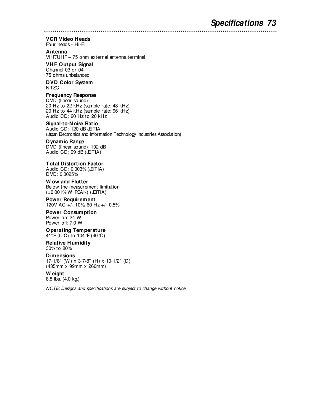 Magnavox MDV 530 VR owner manual Specifications 