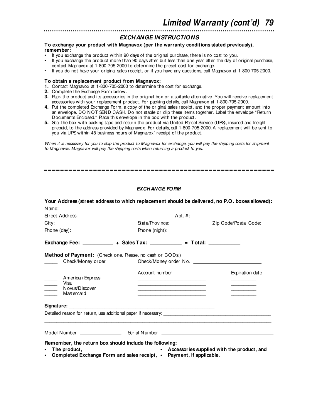 Magnavox MDV 530 VR Limited Warranty cont’d, To obtain a replacement product from Magnavox, Payment, if applicable 