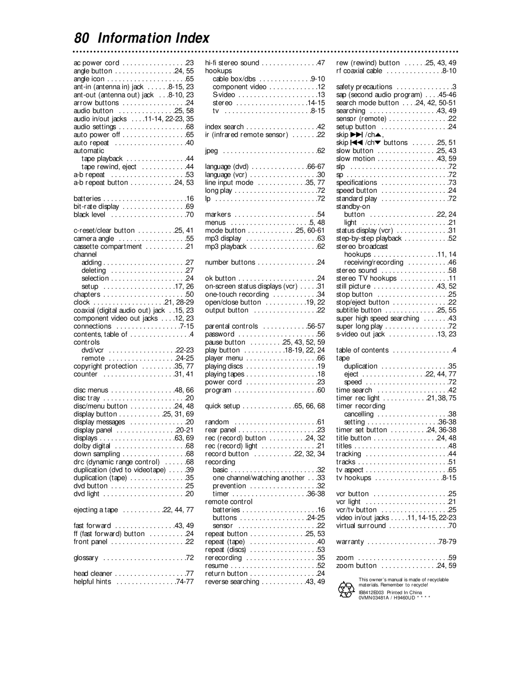 Magnavox MDV 530 VR owner manual Information Index, Controls 