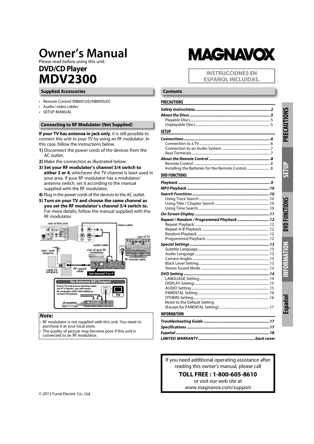 Magnavox MDV2300 owner manual Precautions, Setup, DVD Functions, Information 