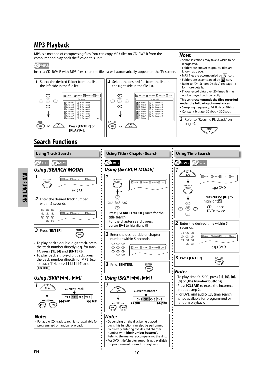 Magnavox MDV2300 MP3 Playback, Search Functions, Using Track Search, Using Title / Chapter Search, Using Time Search 