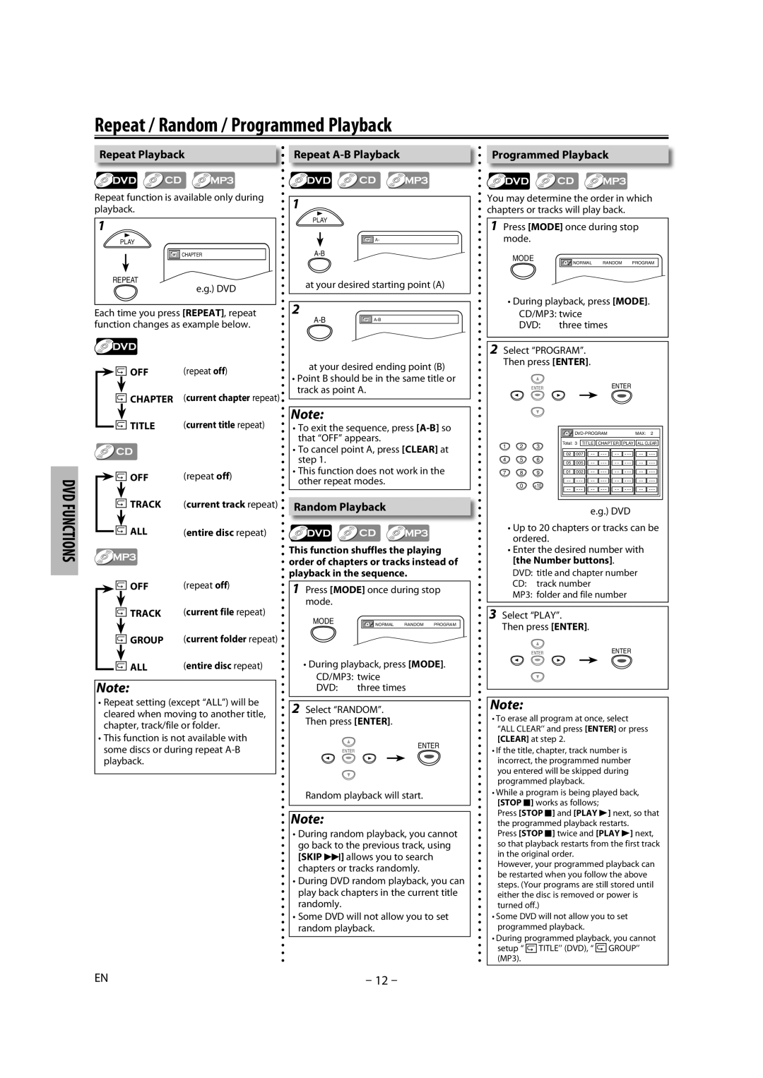 Magnavox MDV2300 owner manual Repeat / Random / Programmed Playback, Repeat Playback, Repeat A-B Playback, Random Playback 