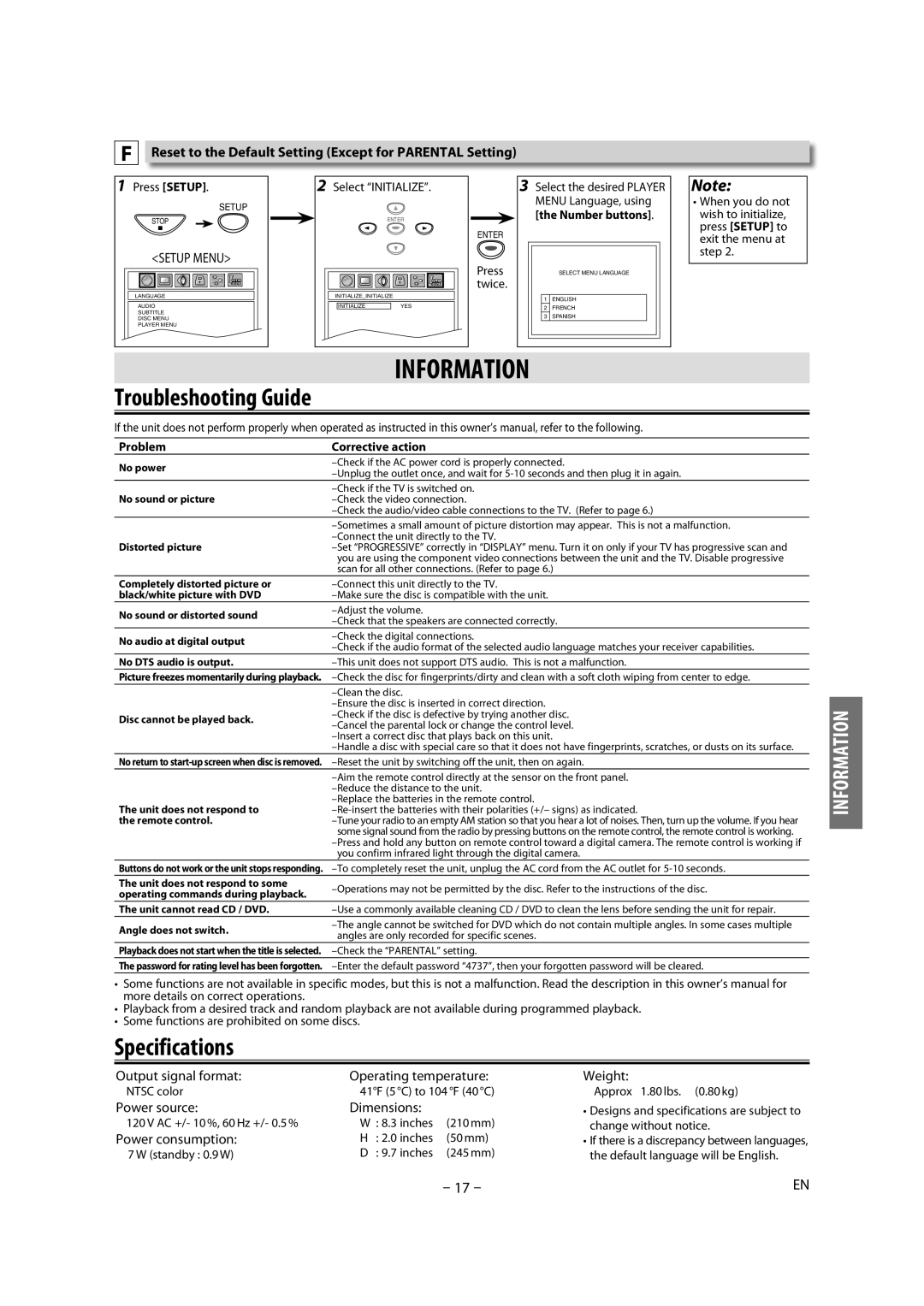 Magnavox MDV2300 Information, Specifications, Output signal format Operating temperature Weight, Power source Dimensions 