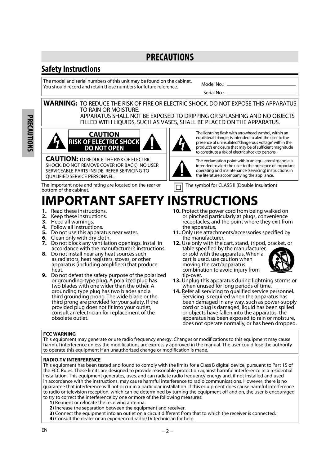 Magnavox MDV2300 owner manual Safety Instructions, FCC Warning, RADIO-TV Interference 